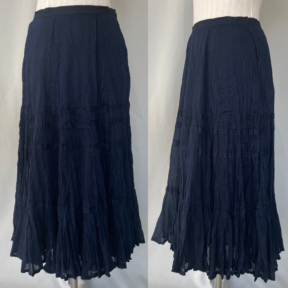 Lauren Ralph Lauren Tiered Midi Skirt Size 4 Navy Blue Flowy Boho Peasant Fairy - Picture 1 of 15